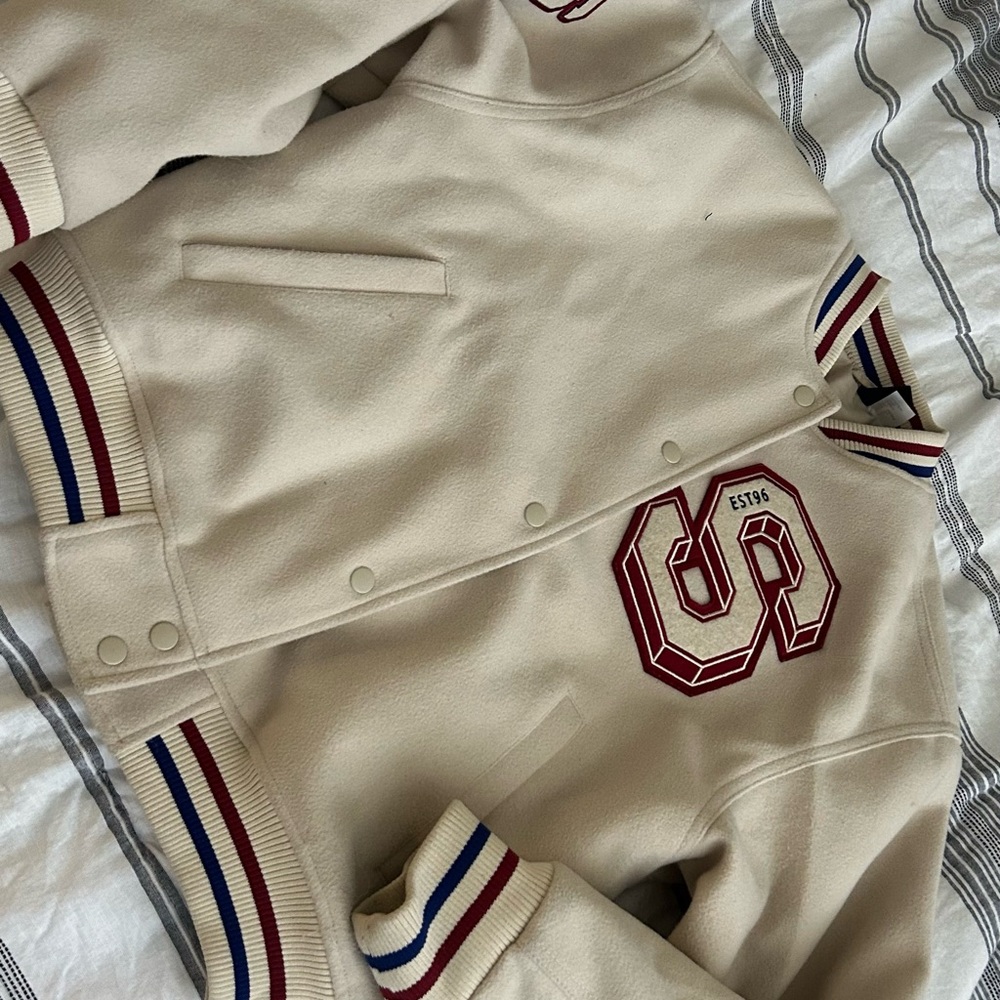Beige Varsity Jacket with Red Accents